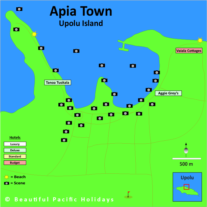 Map of Apia Town in Samoa showing Hotel Locations