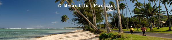 tourists wealking along road in rarotonga cook islands