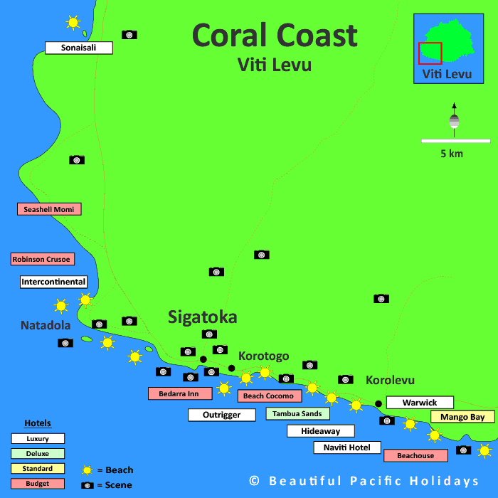 map of fiji resorts coral coast Map Of Coral Coast In Fiji Islands Showing Hotel Locations map of fiji resorts coral coast